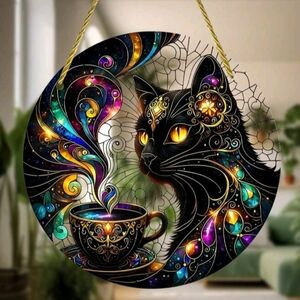 Mystical Cat and Teacup Hanging Art
